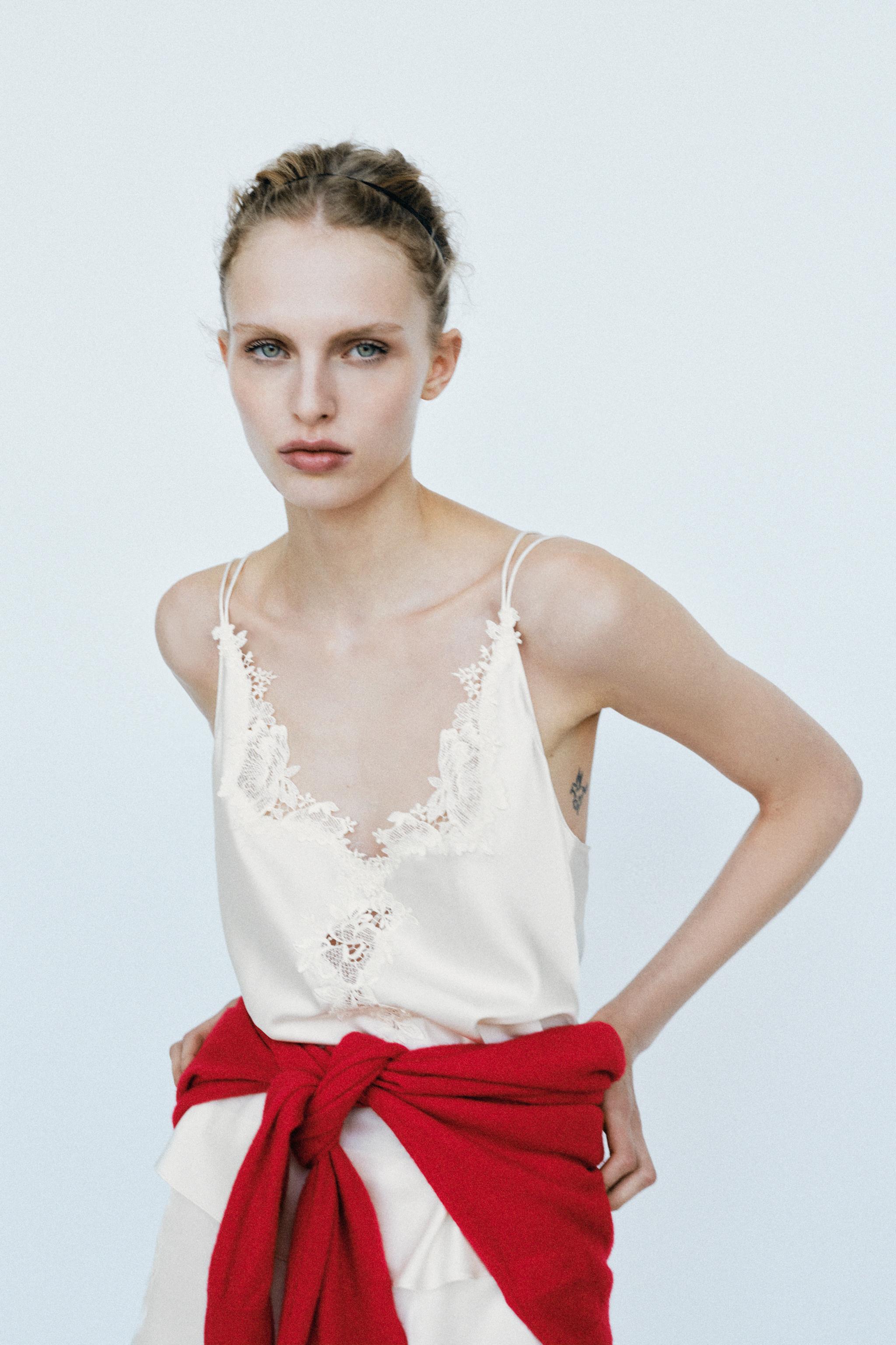 SATIN LACE-TRIM CROSS-STRAP TOP